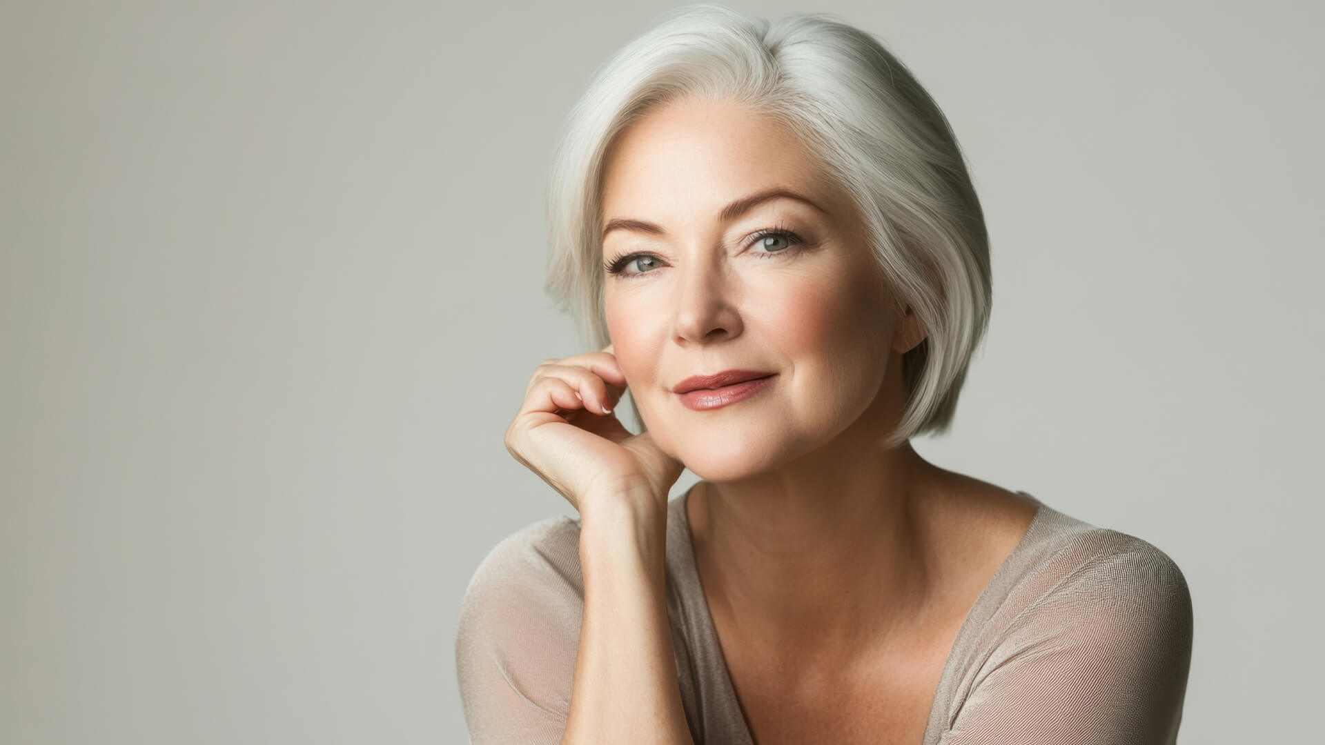 senior woman posting holding her face 